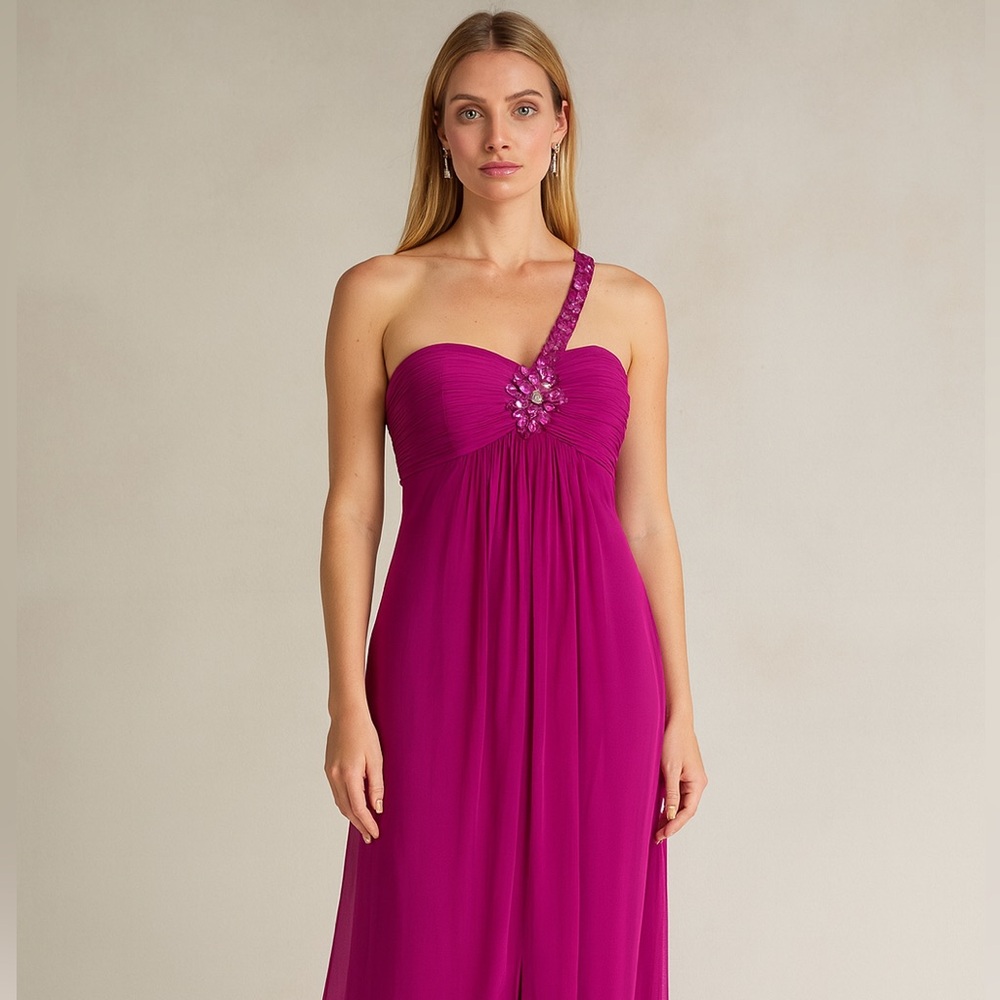 Cache Magenta Formal One-Shoulder Dress Size 8 Elegant Crystal Detail Size 8